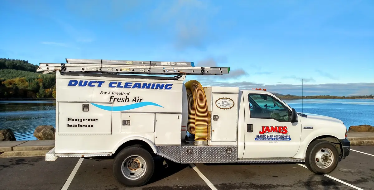 James Heating duct cleaning truck lettered for Eugene and Salem James Heating duct cleaning truck lettered for Eugene and Salem